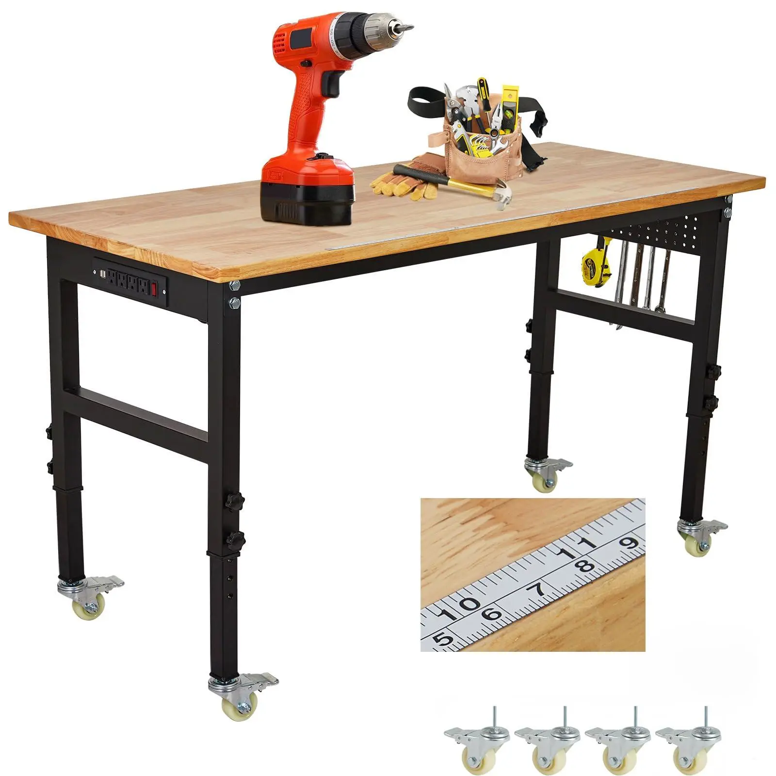 GARVEE 60-in Rubber Wood Adjustable Workbench with 2000 lbs Load Capacity, Adjustable Height, Rolling Base Casters, Power Outlet for Garage, Workshop