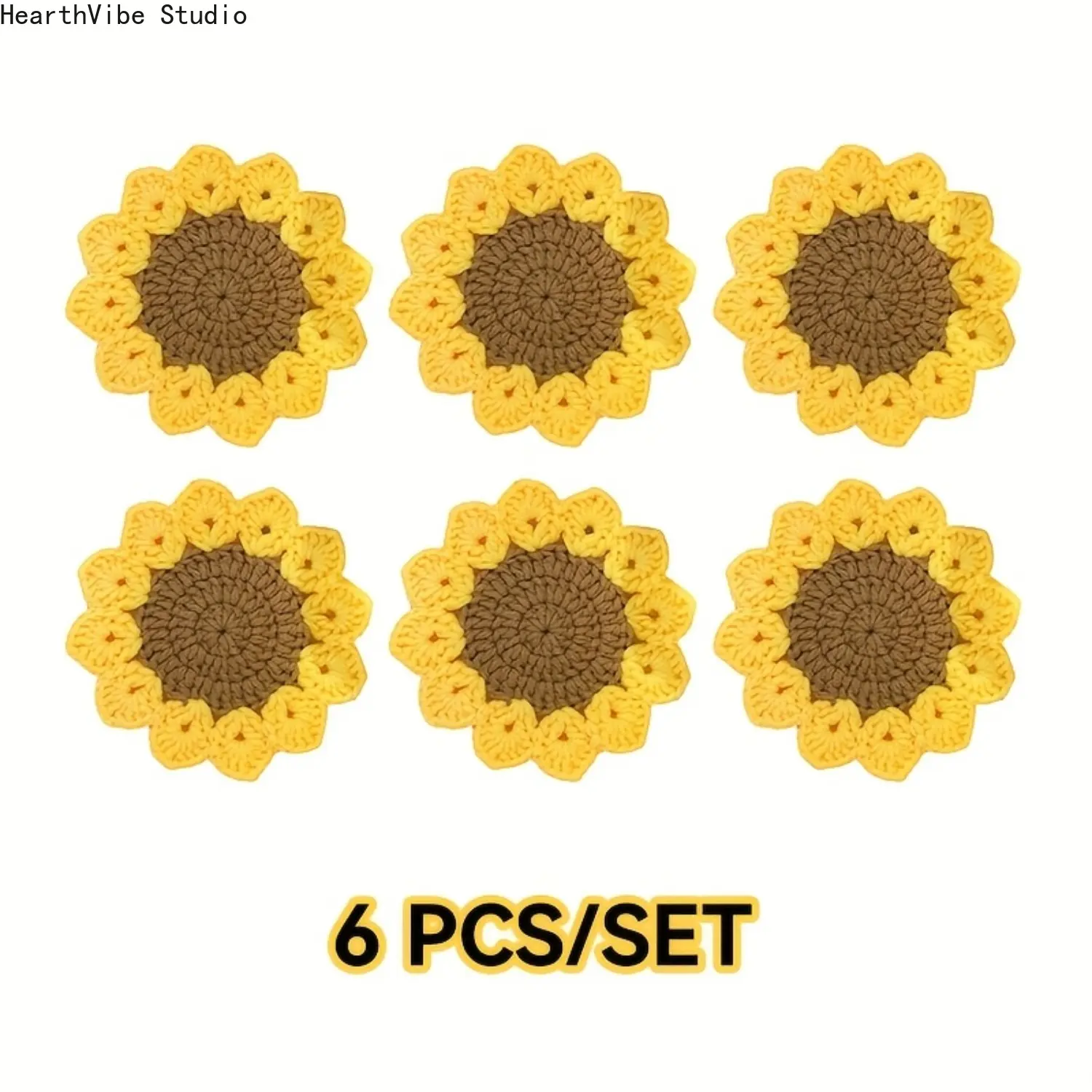 6pcs Cheerful Sunflower Woven Coasters Set - Heat-Resistant Yarn Coasters for Drinks, Camping Dining Table Protectors, Decorative Housewarming Gift, Decorative Coaster