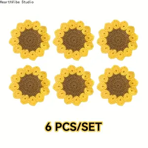 6pcs Woven Sunflower Coasters - Heat-Resistant Table Protectors with Woven Yarn Flower Design, Sunflower &, Coaster for Hot Drinks, Cup Holders - Dining Table Decor, Housewarming Gift