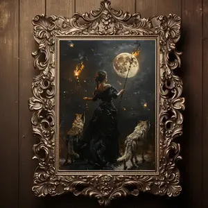 Room Decor, Witchy Artwork Pagan Esoteric Art, Hecate Crossroads Night Greek Goddess Witchcraft Magic Hekate Full Moon Holding Torches with Wolves