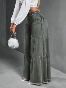 Women's Cotton Fabric Basic Wide-Leg Jeans - Baggy, Pockets, Patchwork, Frayed Hem, Ruffle Accent, Loose Casual Fit