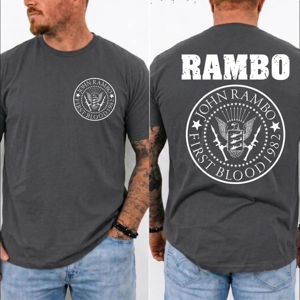 John Rambo First Blood 1982 Circle Emblem T-Shirt, Vintage 80's Movie Graphic Tee For Fans, MADE IN USA