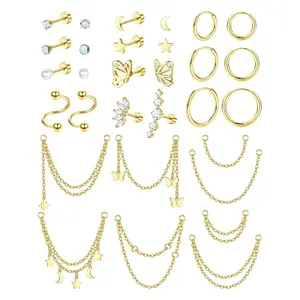 Cartilage earring set, stainless steel ring, ear tips and flat back earrings, butterfly pendant spiral ear screen jewelry