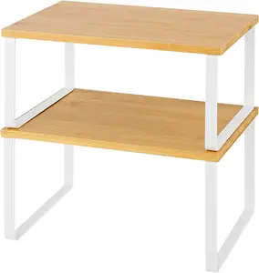 Set of 2 Kitchen Counter Cabinet Shelf Organizer, Bamboo Small Shelf Riser Stackable Countertop Shelves for Kitchen Bedroom