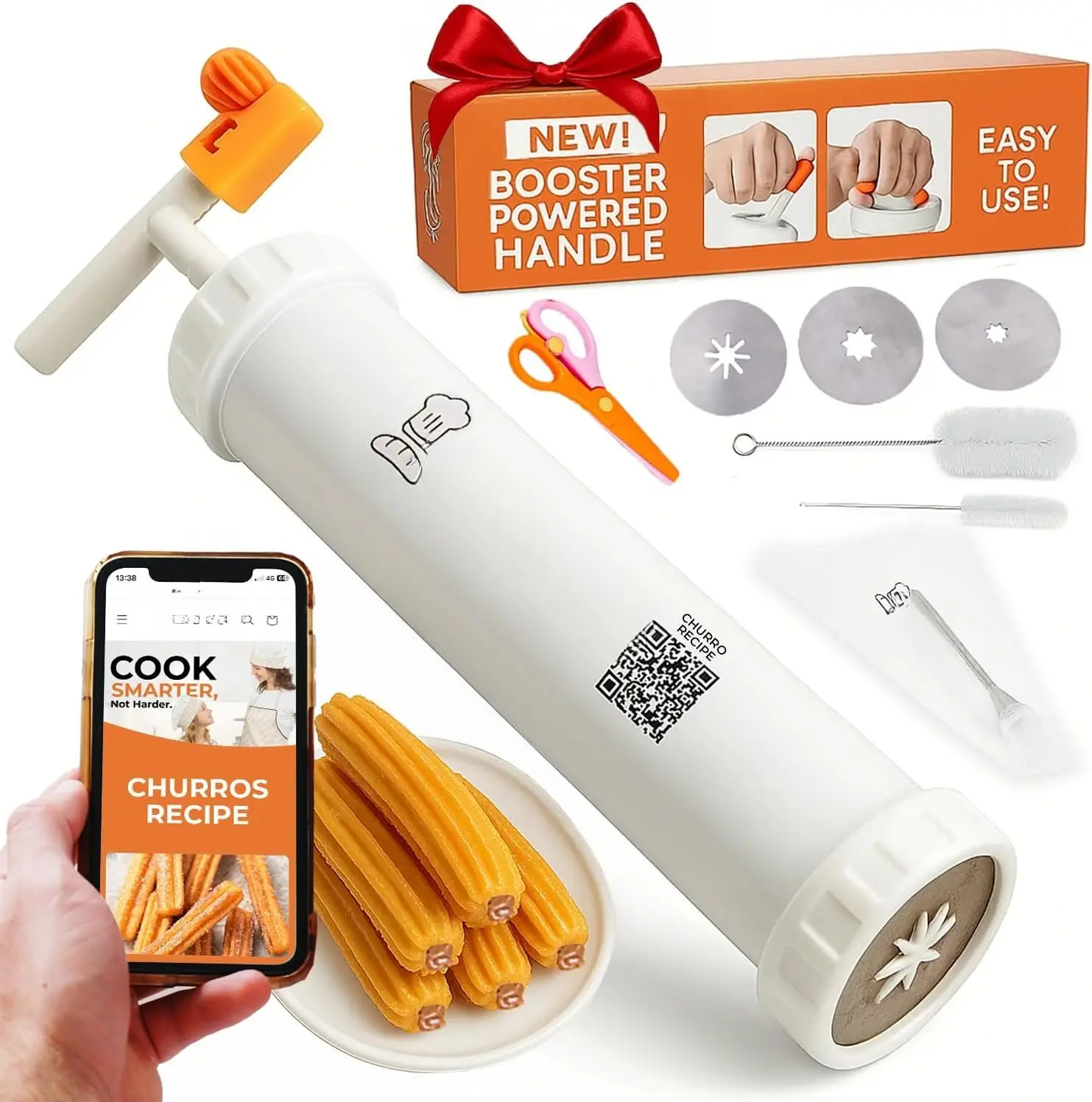 Churro Maker Kit with Booster- Handle. Churrera, Piping Bag Churro-Filler and . Easy QR-Recipe to Prepare and Fill Your Own Churros at  - Cookie Churro Maker. (3-nozzle).