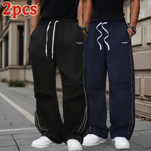 Men's Summer Loose Fit Sports Pants - 2-Piece Set, Lightweight Soft Fabric, Large Cut, Gray Side Strips with Gold Decorative Bars, Comfortable Design, Casual Sporty Bottoms, Gym Wear, 100% Polyester#SummerVibes