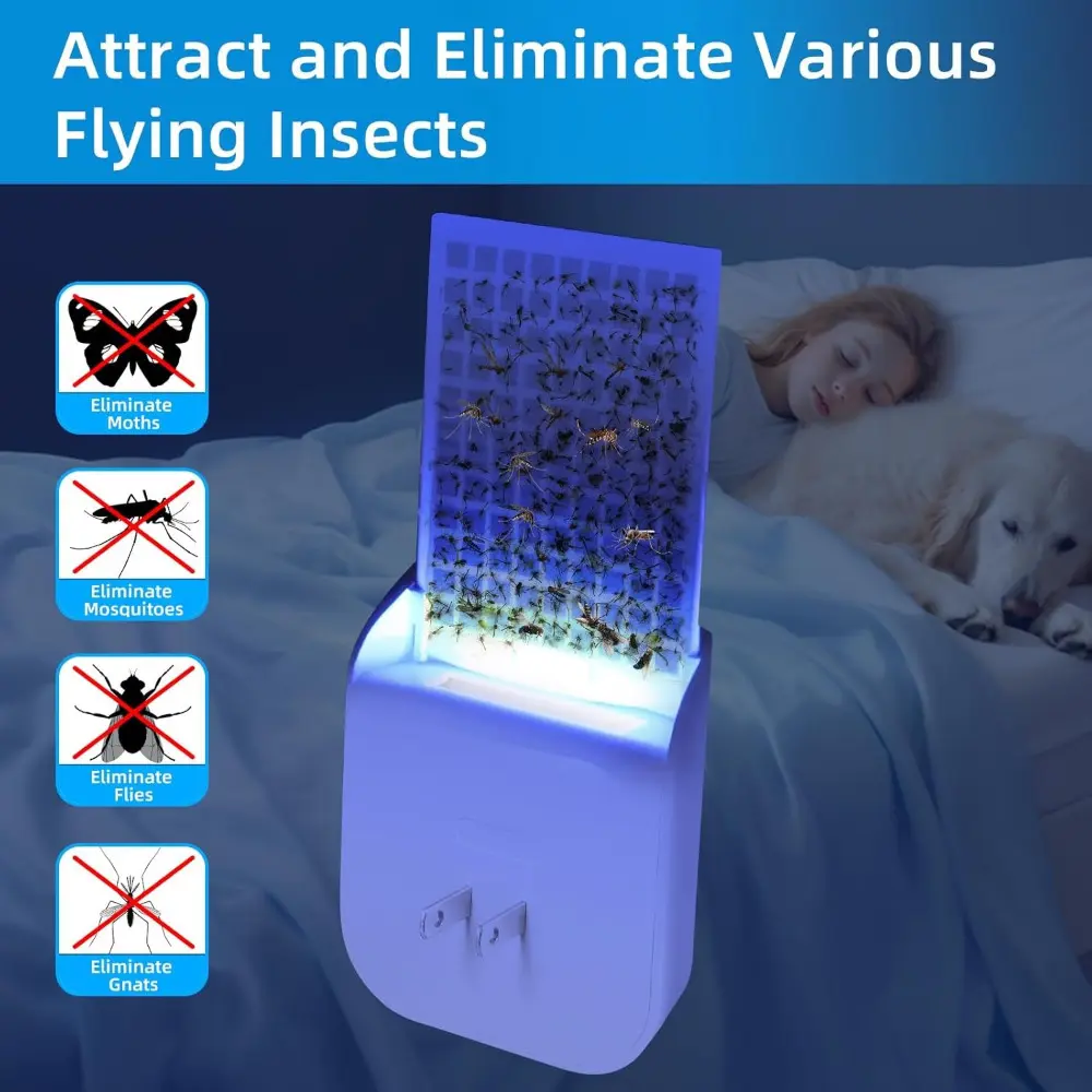 Indoor Insect Trap with UV Night Light - 1 or 2-Piece Mosquito & Fruit Fly Catcher, 5 Sticky Traps, Silent Non-Toxic Indoor Pest Control for Homes & Offices, Child & Pet Safe, Soft Glow Attraction