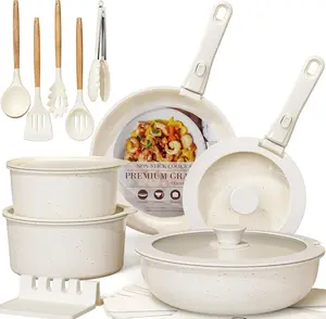 21 Pcs Pots and Pans Set Non Stick, Ceramic Cookware Set Detachable Handle, RV Kitchen Cooking Set Removable Handles, Oven Safe, Induction Ready, Stackable, Cream White, Mothers Day Gifts