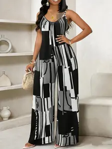Plus Size Women's Printed Halter Flattering Jumpsuit, Casual Chic Fitted Long Sleeveless Design Romper, Adjustable Strap, All over Print, Summer Fashion
