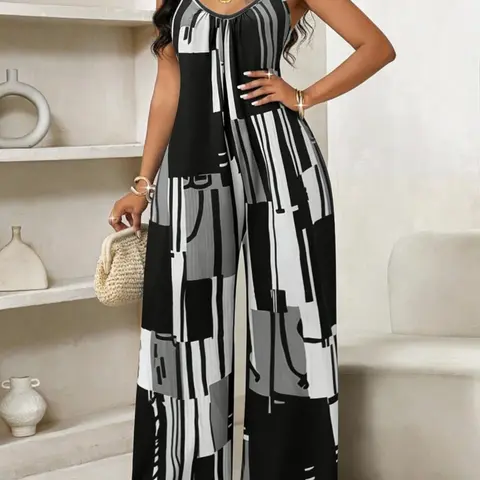 Plus Size Women's Printed Flattering Fashionable Jumpsuit, Casual Chic Fitted Sleeveless Jumpsuit, Spaghetti Strap Adjustable Strap, All Over Print, Summer Fashion Womenswear, Casual Jumpsuits