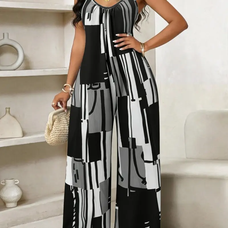 Plus Size Women's Printed Flattering Fashionable Jumpsuit, Casual Chic Fitted Sleeveless Jumpsuit, Spaghetti Strap Adjustable Strap, All Over Print, Summer Fashion Womenswear, Casual Jumpsuits