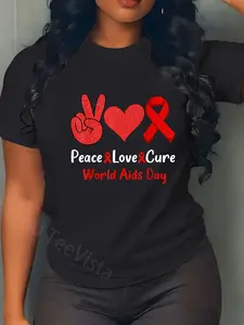 100% Cotton Unisex Peace Love Cure World Aids Day HIV/AIDS Awareness Men Women T-Shirt Graphic Casual Round Neck Tee