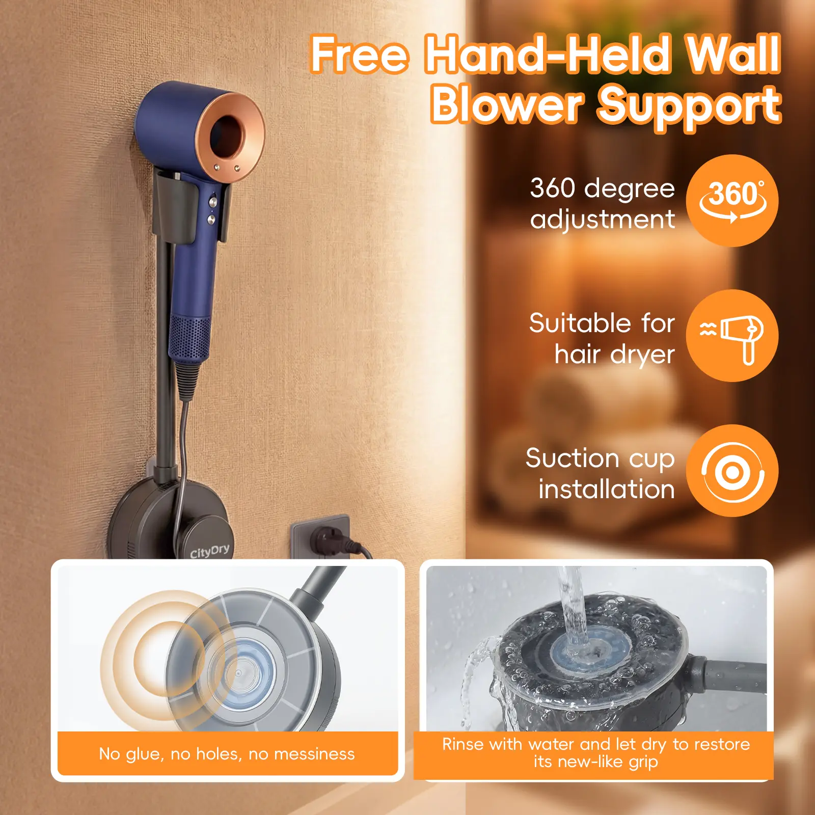 【NEW】1pc Gray Hands-Free Hair Dryer Stand, Wall-Mount Design with 360° Rotating Hose Arm, Strong Adhesive Base Storage Rack for Mirror Fixing & Ceramic Tiles, Mother's Day Gift