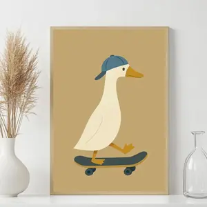 Skating Duck Art Print: Skateboard, Kids Room Decor C