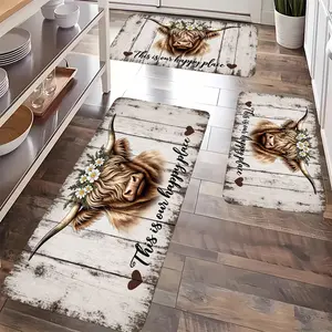 Highland Cow Pattern Kitchen Rug Set, Lightweight Soft Durable Flannel Mats for Kitchen, Decorative Indoor Use in Dining Area, Bathroom, Laundry Room, Doorway - Home Decor Holiday Decoration