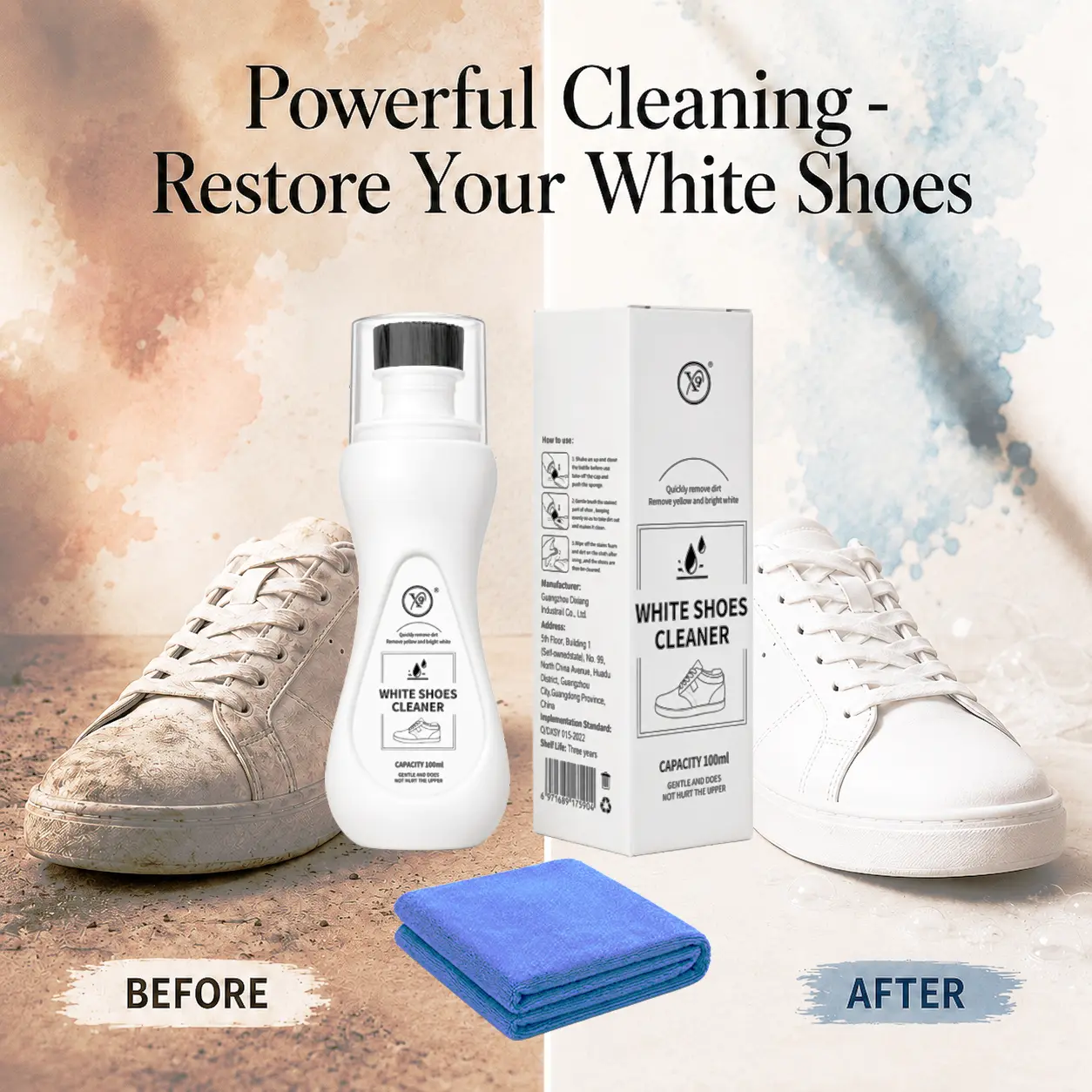 Portable White Shoe Cleaner Kit - 100ml Waterless Stain Remover with Brush Head, Microfiber Towel for Sneakers, Casual Shoes