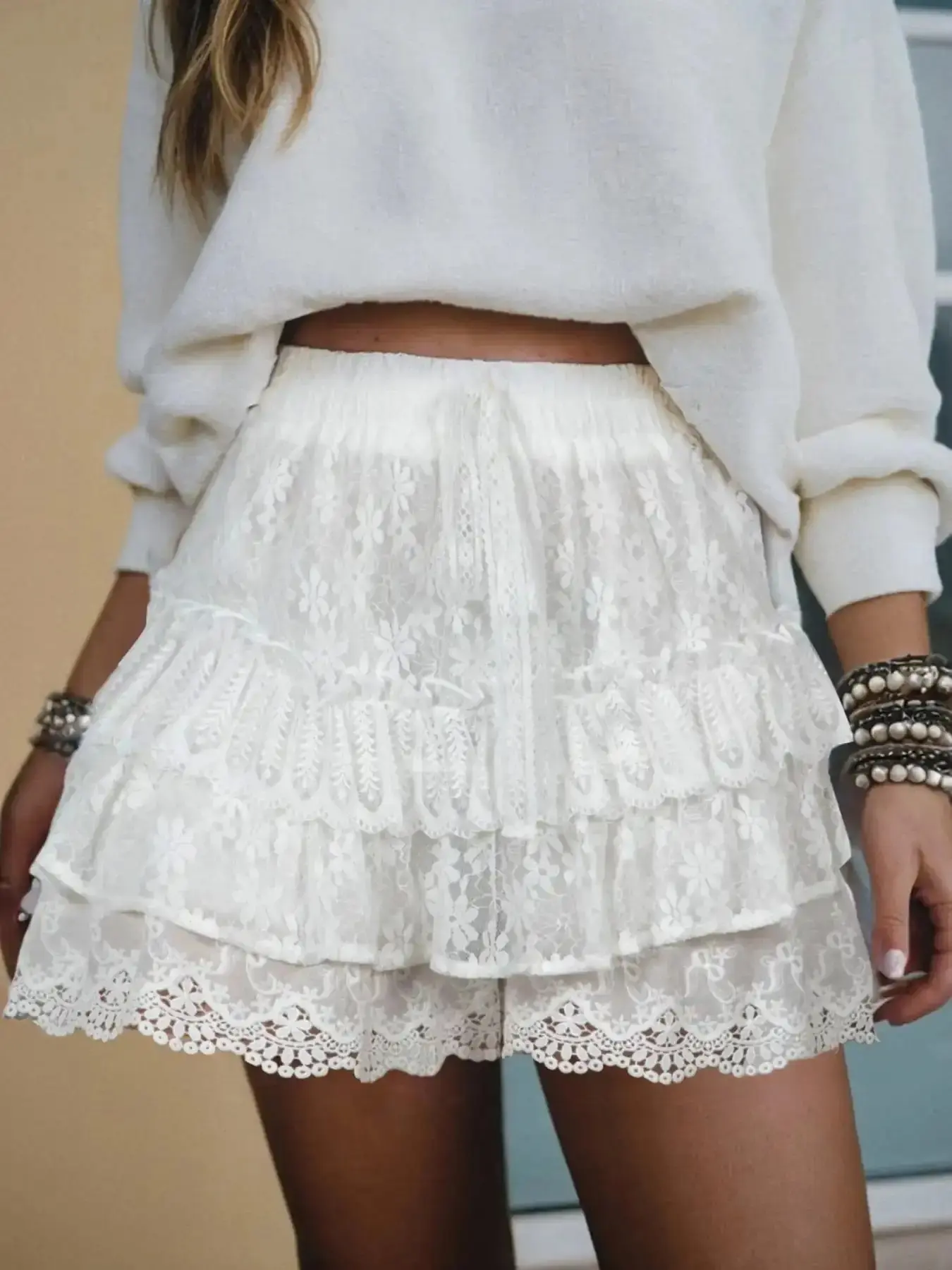 Pure Color Lace Ruffle Layered Drawstring Elastic Adjustable Waist Loose Sweet Bottom Shorts Stylish Women's Summer Wear Comfortable and Fashionable Elegance warm weather vacation essential lightweight comfort