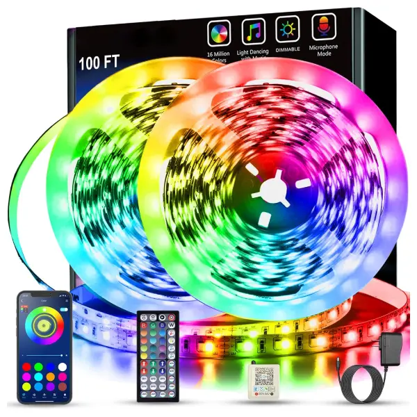 100ft RGB LED Strip Lights for Bedroom, Music Sync Color Changing LED Lights with App & Remote Control, Bluetooth LED Light Strips for Room, Home, Kitchen, Party & Gaming Decor