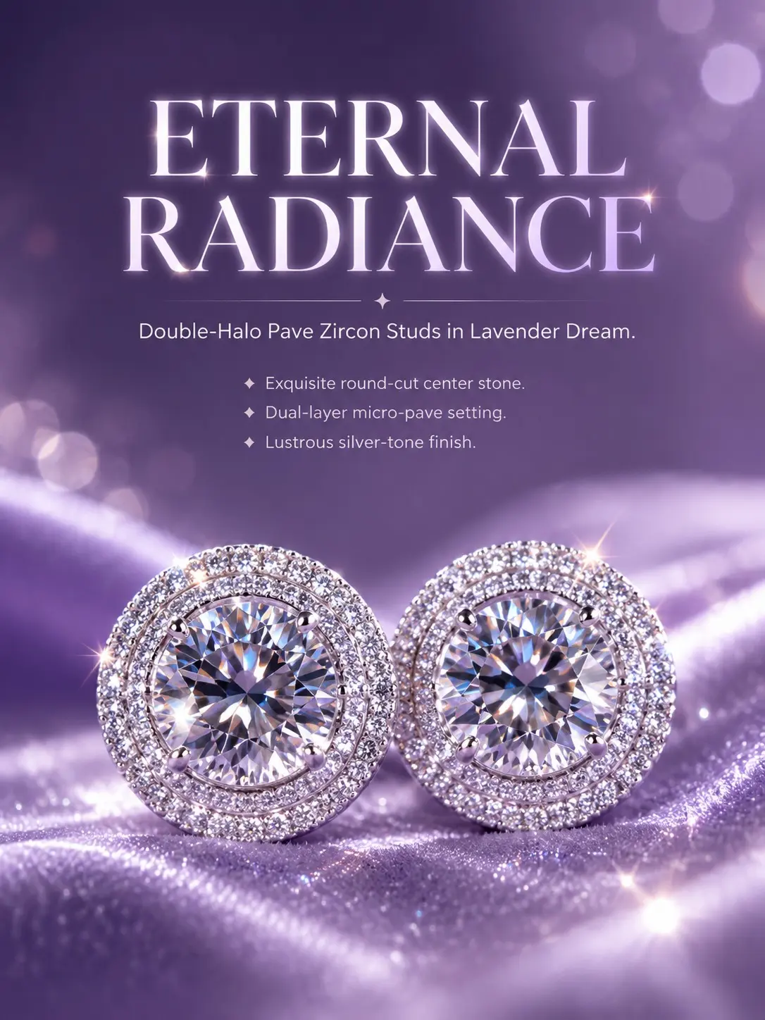 Women's Double-Halo Stud Earrings, Silver-Tone Round Cut Pave CZ, Hypoallergenic and Lightweight for Weddings and Parties, Halo Earrings, Tarnish Free Earrings