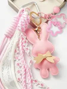 Coquette Aesthetic Animal Bunny Keychain Faux PU Leather Rabbit Keyring Pendant with Bow,Lace Tassel & Floral Trim Rope,Bell Star Charms,Braided Woven Strap,Bowknot Rabbit Keychain Bag Charm Backpack Accessory Y2K Star Bag Pendant Purse Key Chain Easter