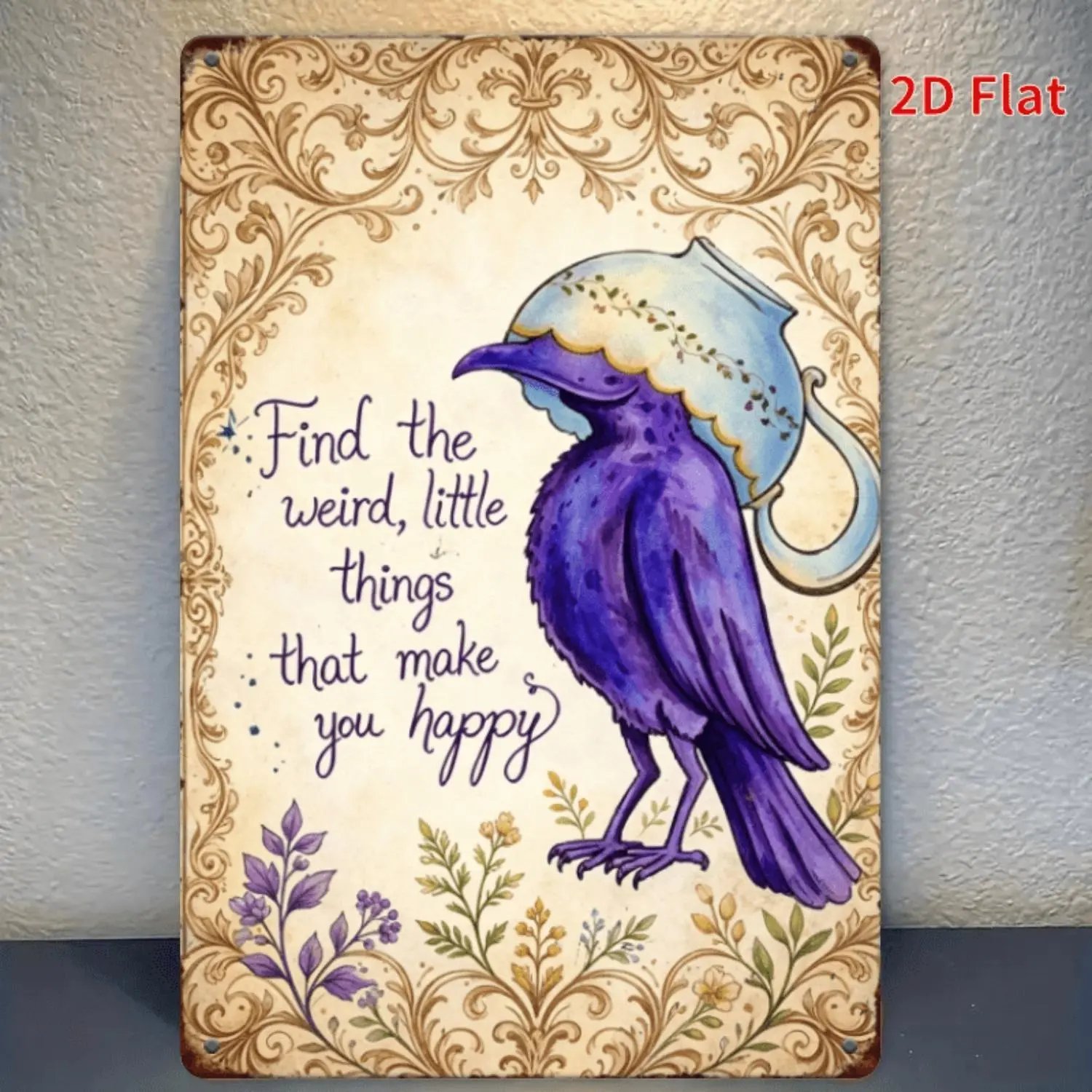 [2D Flat], 1pc Metal Sign: Whimsical Crow Watercolor Illustration- Perfect for Decorating Room Walls. Ideal for Home, Bar And Restaurant Walls. Classic Design, Durable Metal Posters