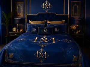 Luxury Navy & Gold Monogram Cotton Bed Set – Custom DM Initials Bedding