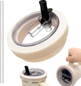 40 OZ Tumbler Flip Straw Lid Replacement Fit for Stanley Quencher, Spill Proof Lid with Straw for Stanley, Leak Proof Reusable Tumbler Top Lid Compatible with Stanley Cup Accessories(Cream)