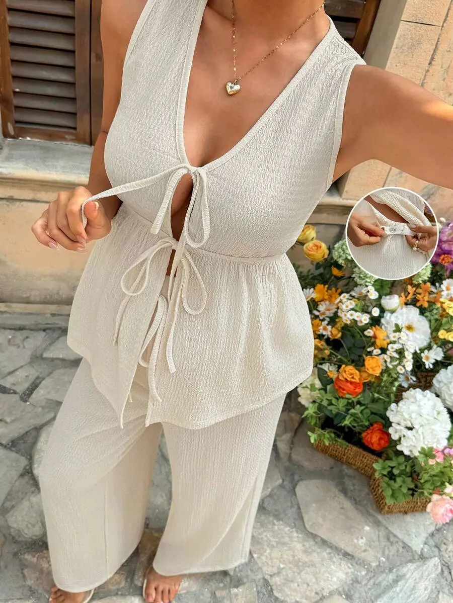 NANCY Maternity 2pcs Maternity Vacation Solid Color Front Tie Vest And Adjustable Waist Wide Leg Pants Casual Suit