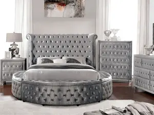 CM7178GY-4PC Linford Delilah Grey Fabric Upholstered Art Deco Style Round Queen Bed Set 4-Piece with Nightstand Dresser & Mirror for Elegant Bedroom Furniture