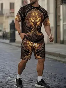 Vintage Totem Style Men's 3D Digital Print Two-Piece Set, 2Pcs, Trendy and Fashionable Set, Trendy Vintage Casual Two-Piece Set, Vacation Style Trendy Outfit, Breathable Sports Casual Style, a Perfect Holiday Gift for Men