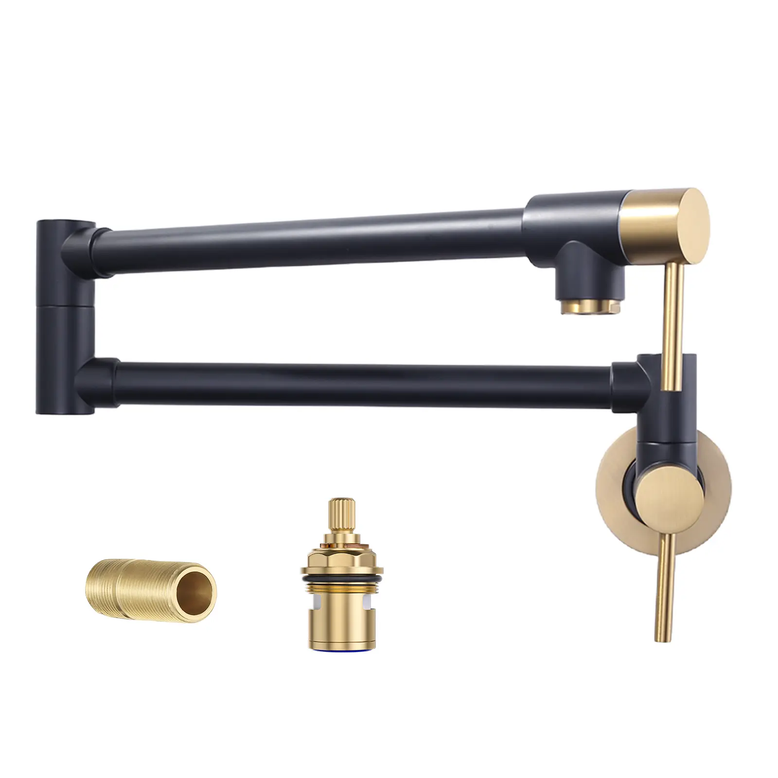 WOWOW Decorative Modern Glam Solid Brass Wall-Mount Pot Filler Faucet - Black and Gold Folding Telescopic Brushed Aerator Kitchen Tap, Retractable Single-Hole 2-Handle Fixture for Kitchen Sink, Stove (Easy to Install)