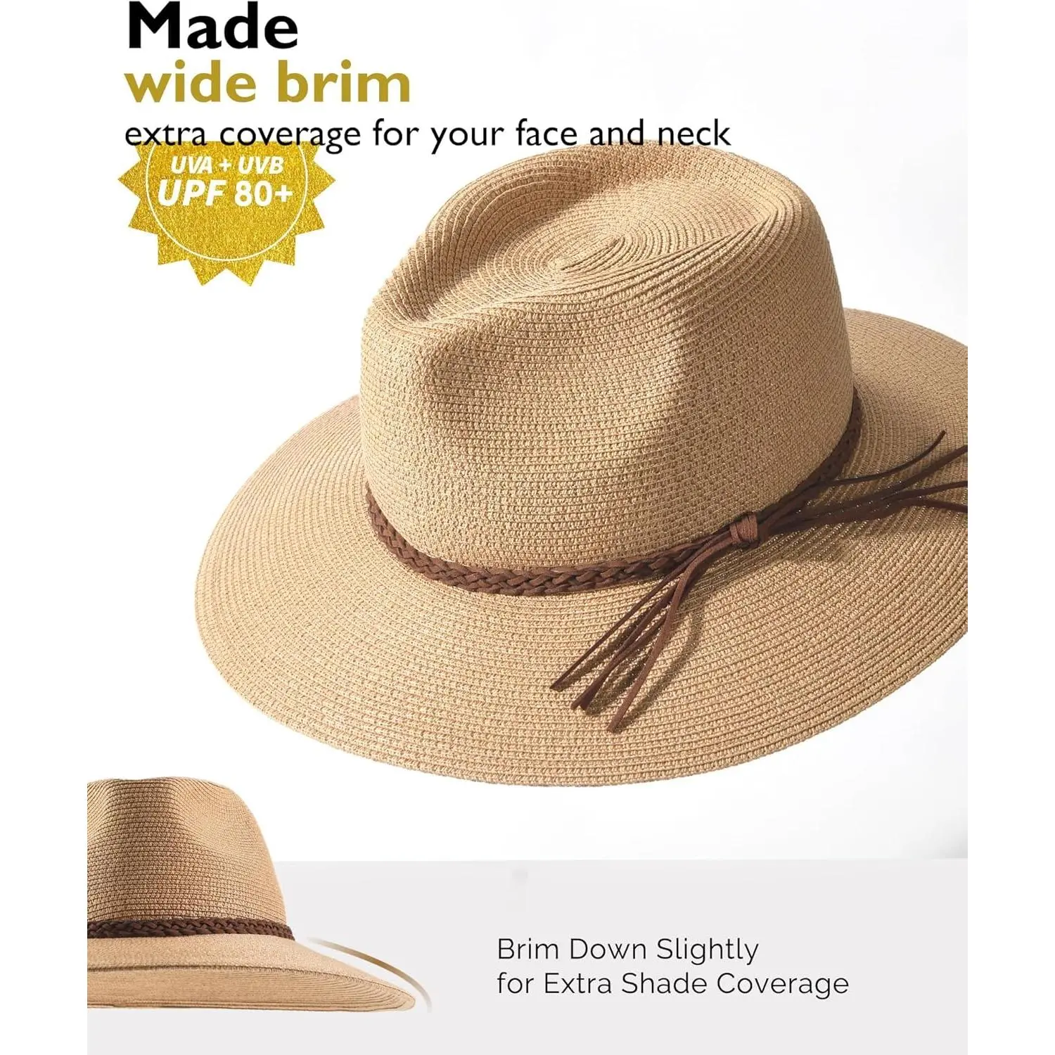 Wide Brim Straw Panama Fedora Hat UPF 80 Sun Protection Foldable Generic Straw Fedora Panama Hat Men Women Wide Brim ?V  main image 2