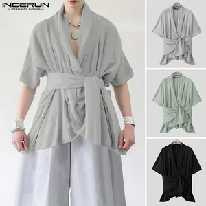 INCERUN Deconstructed V-Neck Chiffon Kimono | Lightweight Layering Piece for Home & Casual Wear, Relaxed Slouchy Silhouette