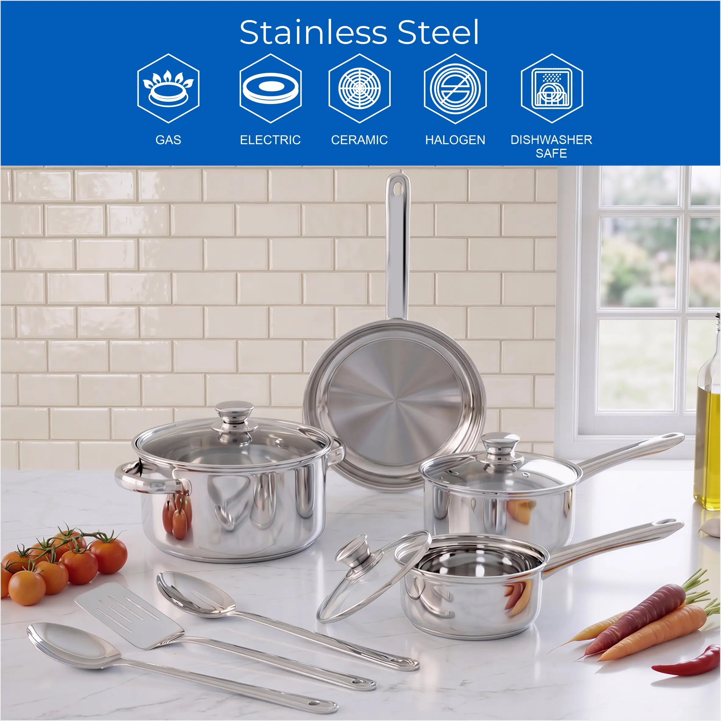 Mainstays Stainless Steel 10Pc Cookware Set with Lids and Kitchen Utensils