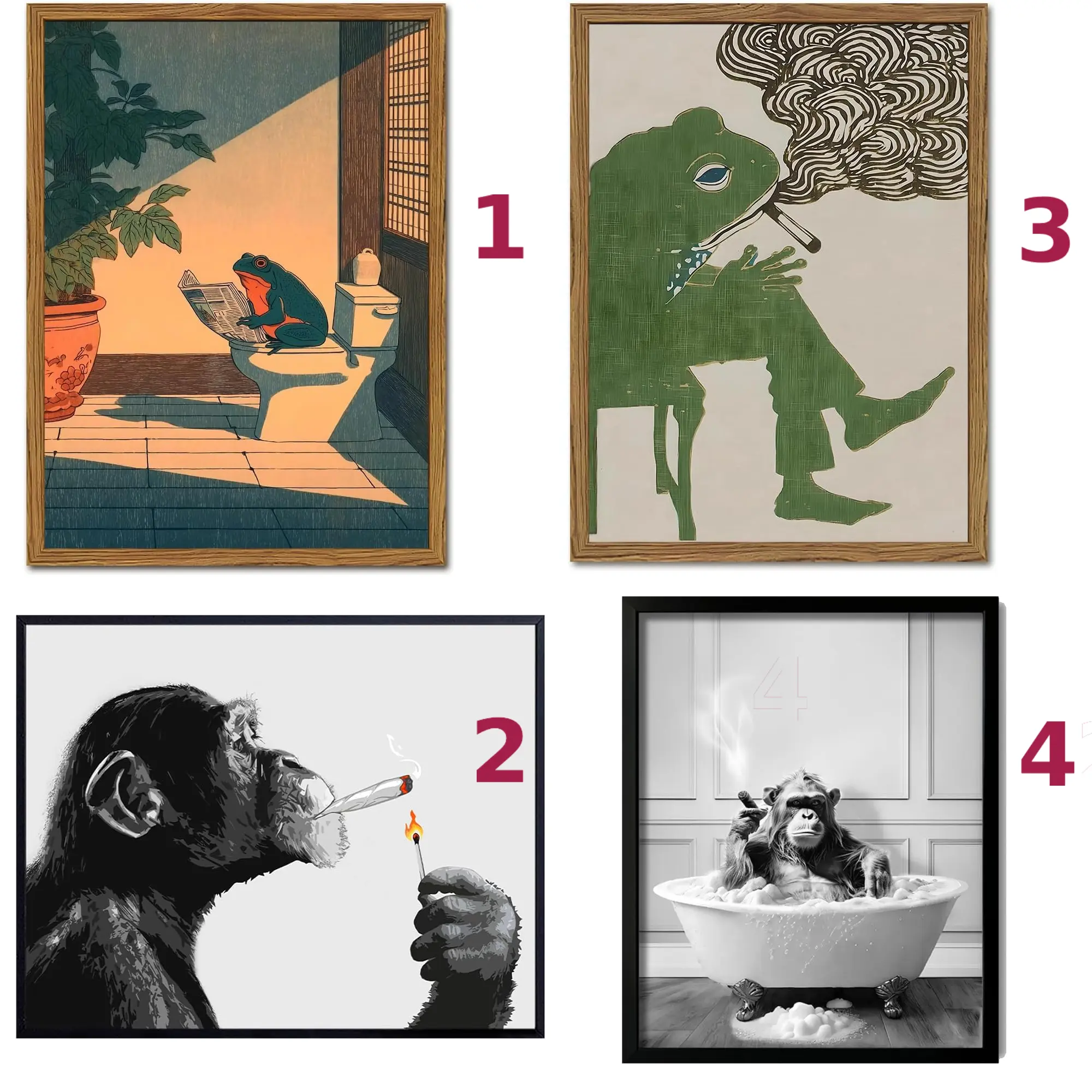 Frog And Chimpanzee Bathroom N Smoke Poster – Funny Animals Art Canvas Wall Art - No Frame