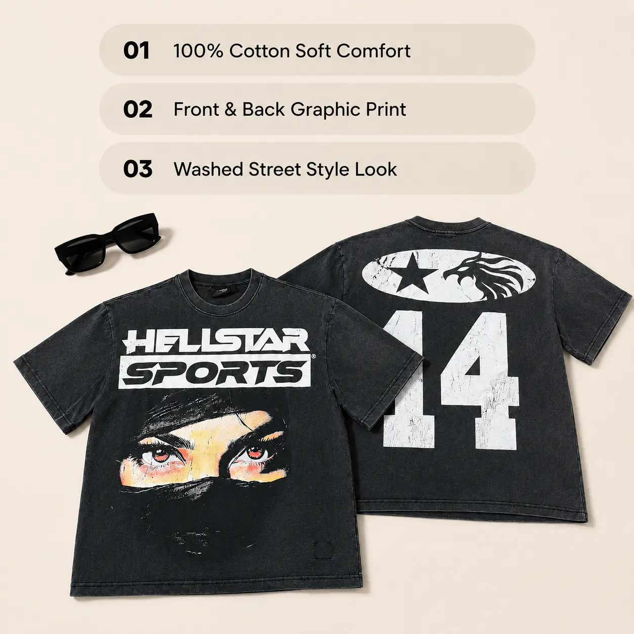 Hell star Sports Oversized Graphic Tee Unisex Washed Black Vintage Eye Print Number 14 Streetwear Y2K Baggy Loose Fit Shirt TikTok Viral Sporty Core Racing Jersey Hip Hop Skater Summer Drip Outfit