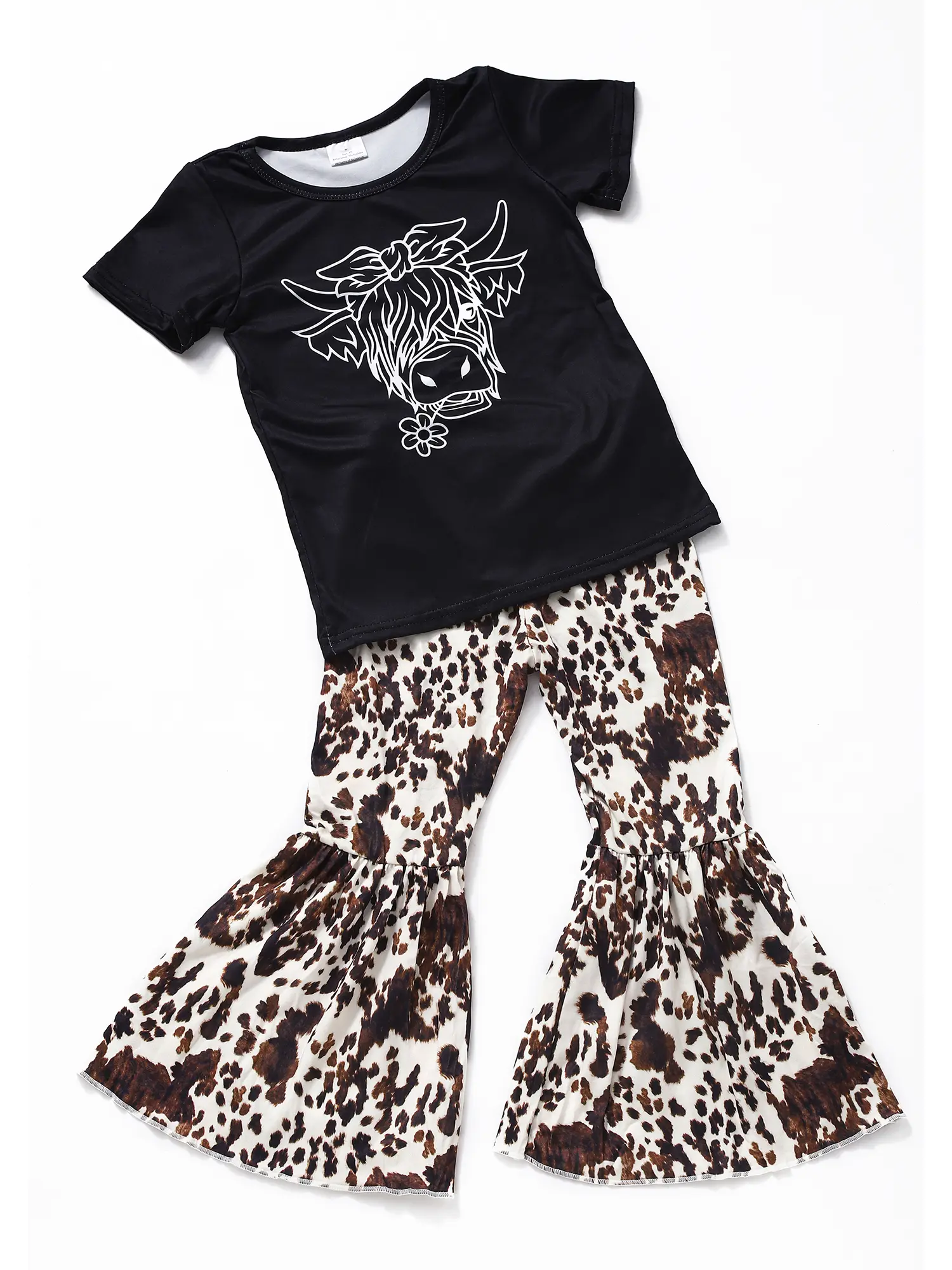 Cute Girls' Black Cow & Leopard Print Short-Sleeve Bell Pants 2-Piece Clothes Kids Set, Clothes Kids Sets