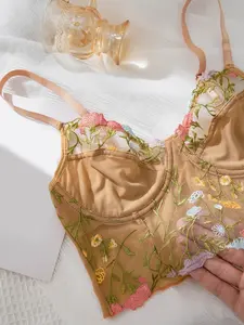 Sexy Aesthetic Lace Mesh Bralette, Seamless, Underwire Full Coverage, Floral Embroidery, Medium Support, Fitted Everyday Bras, Cute Style Underwear
