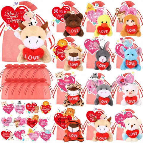 12/24 Sets Mini Valentine's Plush Animal Stuffed for Valentine's Party Favors for Students Classroom Gift Exchange Party Goodie Bags Valentine's Day Gift Birthday Gift Bags with Tags Festival Decor
