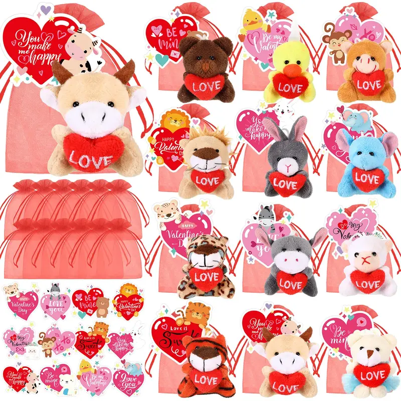 12/24 Sets Mini Valentine's Plush Animal Stuffed for Valentine's Party Favors for Students Classroom Gift Exchange Party Goodie Bags Valentine's Day Gift Birthday Gift Bags with Tags Festival Decor
