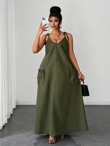 Plus Size Women's Long Casual Dress, V Neck Thin Straps Sleeveless Maxi Dress, Pocket Loose Fit for Curvy Body, Beach & Brunch