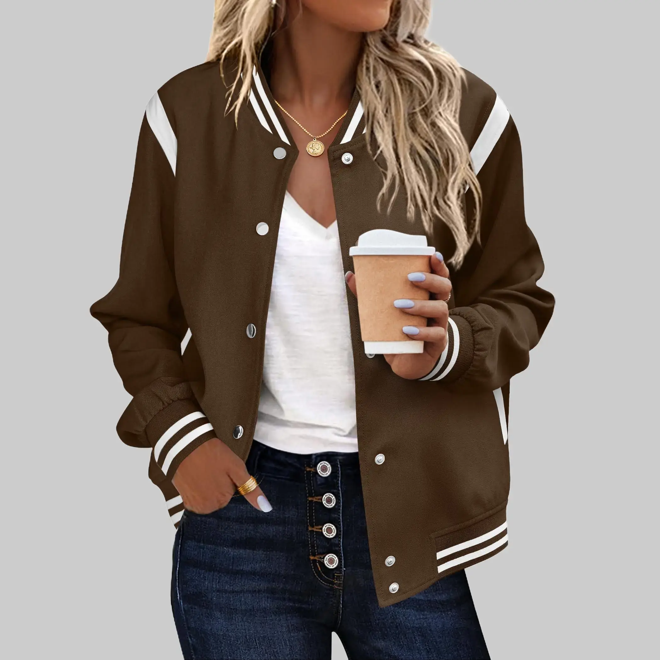 Zeagoo Women's Casual Collared Colorblock Bomber Jacket Lightweight Snap Outerwear Tops with Pockets Longsleeves Fall Fashion Outfit, Polyester Blend, Cute Bomber, Medium Length, All-Year Wear, All Seasons