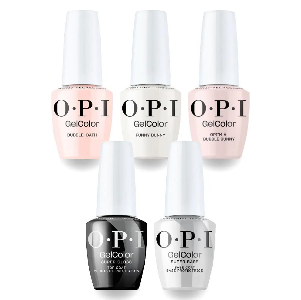 OPI S86 Bubble Bath, S061 Bubble Bunny, H22 Funny Bunny Intelli-Gel Combo - Super Base Coat, Super Gloss Top Coat - Set 5