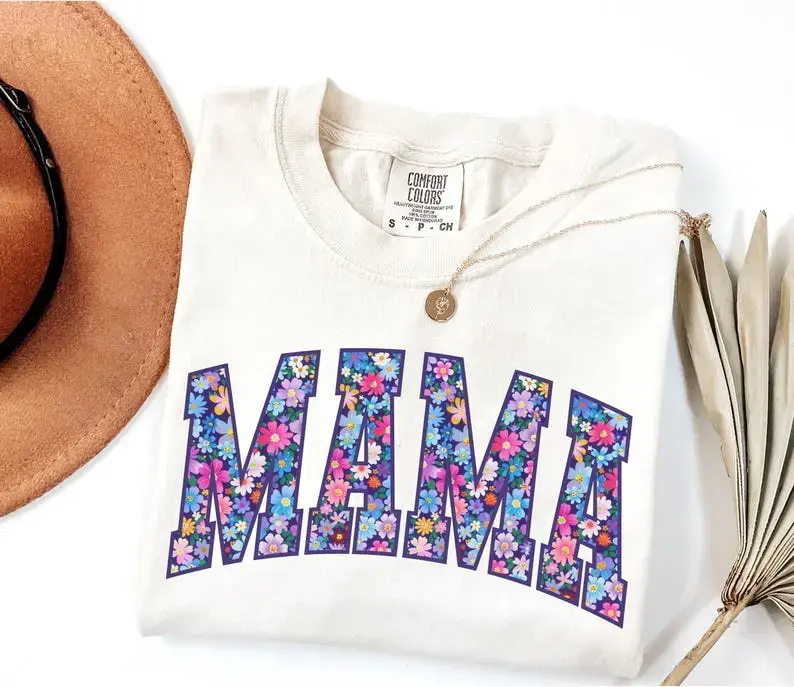 Comfort Colors Mama T-shirt, Floral Mom Spring Tee, Trendy Mom Tshirt, Women's Flower Mama T-shirt, Spring Pregnancy Reveal Gift For New Mom