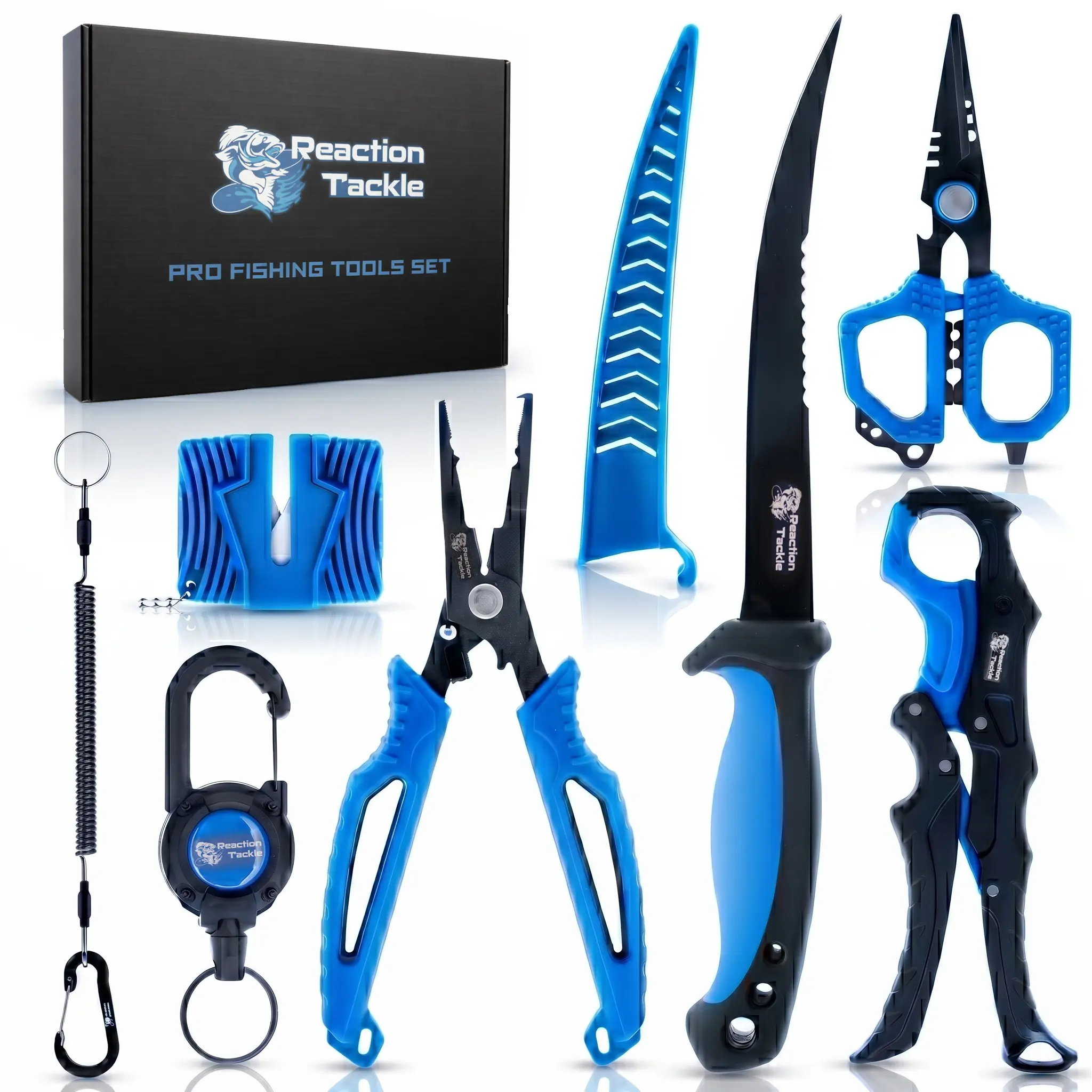 Reaction Tackle 7-Piece Fishing Tool Kit - Fillet Knife, Pliers, Braid Scissors & Lip Gripper