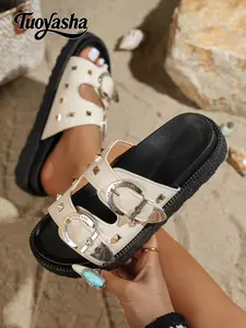 Punk Style Thick Sole Sandals, Buckle Strap Open Toe Slippers, Chunky Heel PU with Metal Studs, Dark Atmosphere