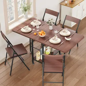 Dining Table Set for 4, Folding Dining Table with 4 Foldable Chairs, Drop Leaf Design with Swivel Wheels, Ideal for Small Space, Apartment, Kitchen & Holiday Gathering