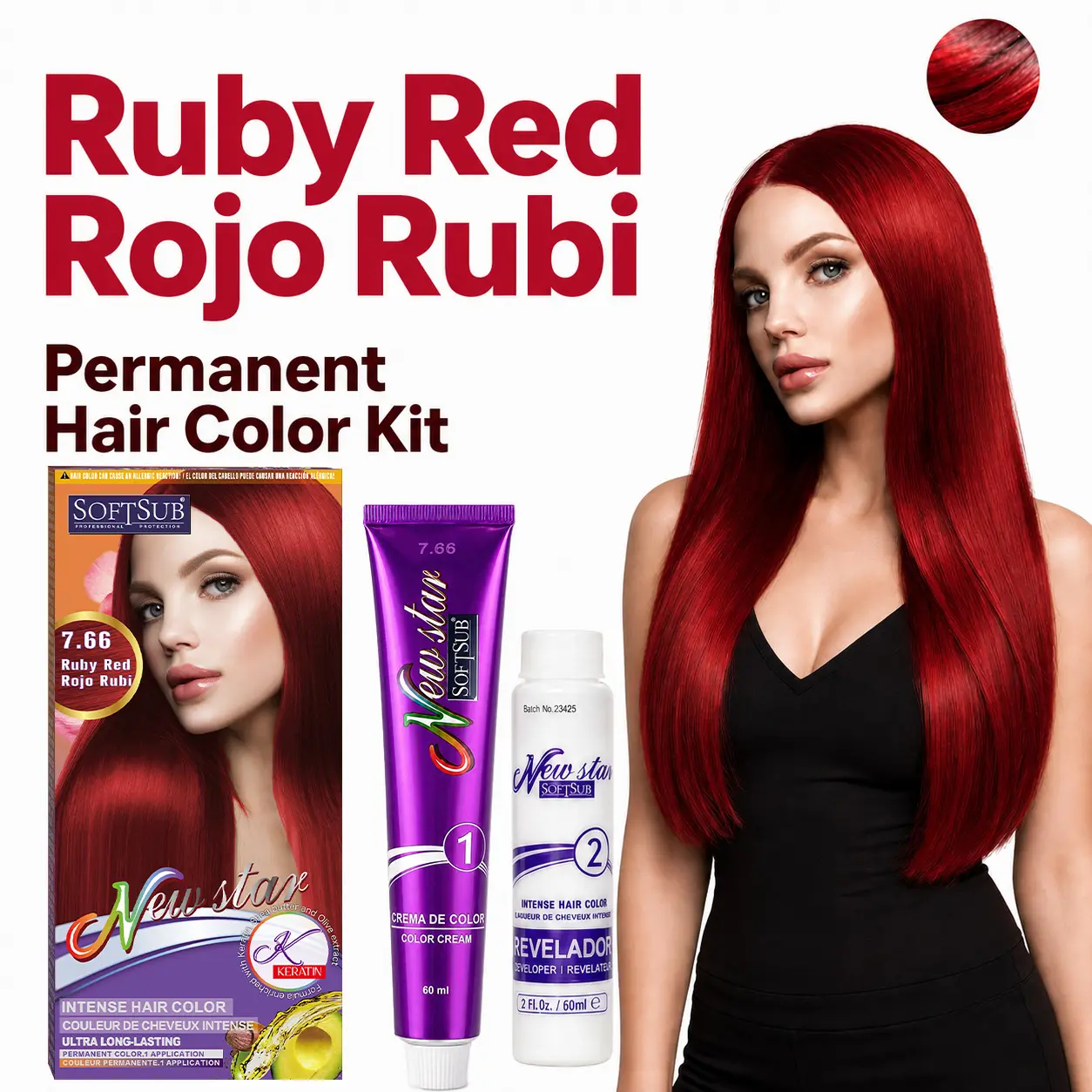 SOFTSUB Ruby Red Permanent Hair Color Kit - 7.66 Shade, 120 mL Keratin Formula with Shea Butter & Olive Oil, Gray Coverage, At-Home Color Refresh, Self-Care Gift for Her (1/3 Box)