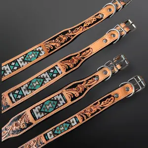 Equipage Tooled Leather Western Beaded Dog Collar