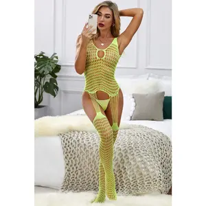 Gia - neon green crotchless fishnet bodystocking